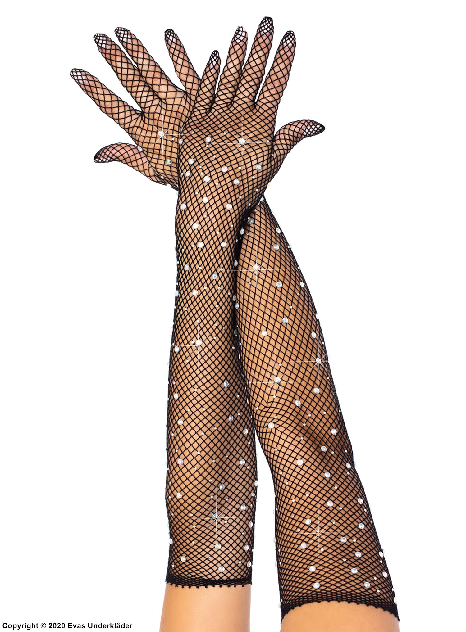Långa handskar i nät med strass